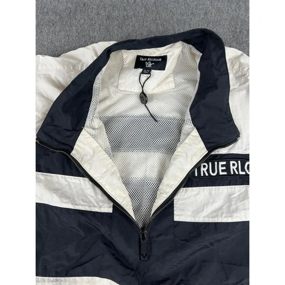 True Religion Black and White Stripe Zip Pullover Nylon Outer Shell Coats Sz XL‎
